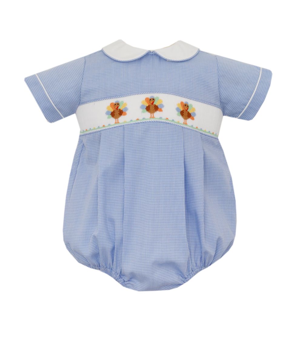 Turkey Boy Blue Gingham Bubble S/S