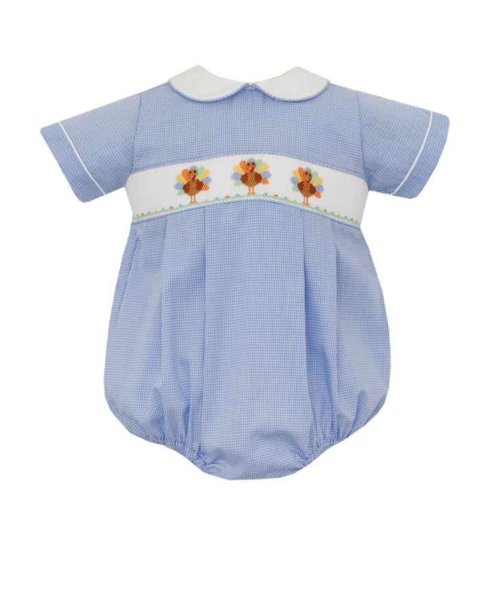 Turkey Boy Blue Gingham Bubble S/S
