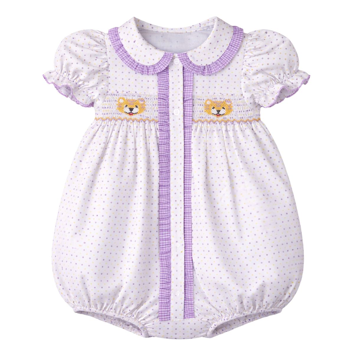 Ruby Smocked Bubble- Purple Bitty Dot Tiger