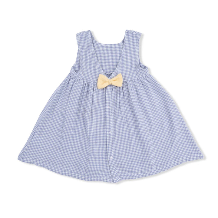 Micro Gingham Blue Blizzard Dress with Bow and Bloomer