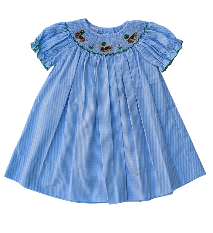 Mallard Duck Girls's Light Blue Microcheck Bishop Dress
