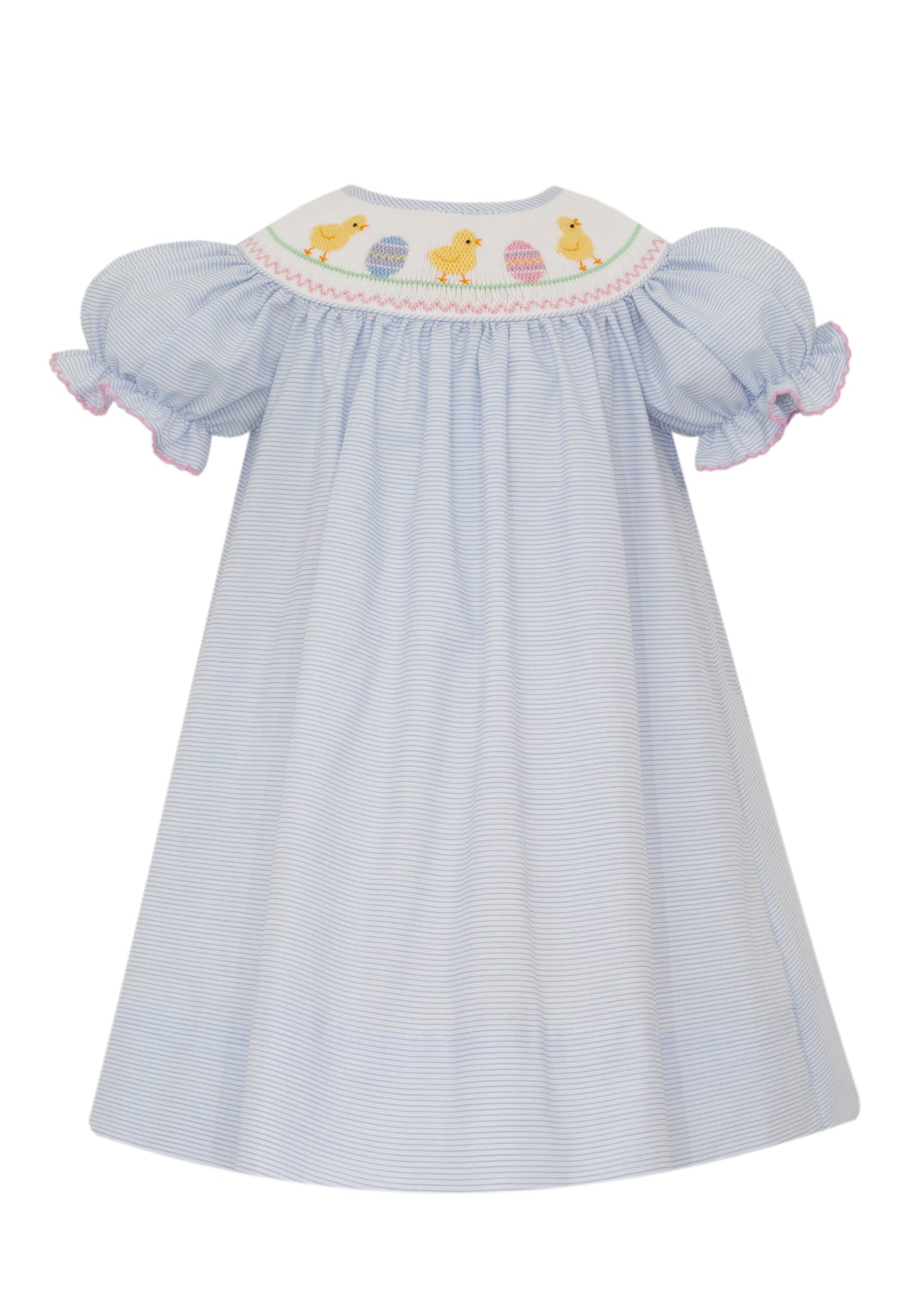 Easter Chick Girl's - Light Blue Tiny Stripe Bishop Dress w/ Insert
