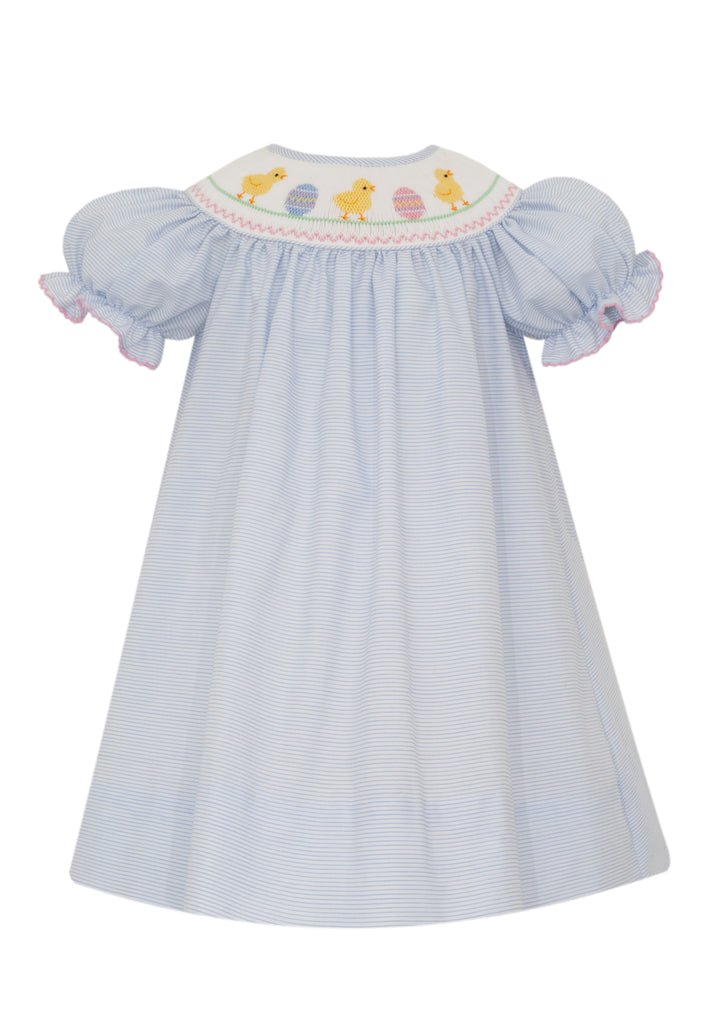 Easter Chick Girl's - Light Blue Tiny Stripe Bishop Dress w/ Insert