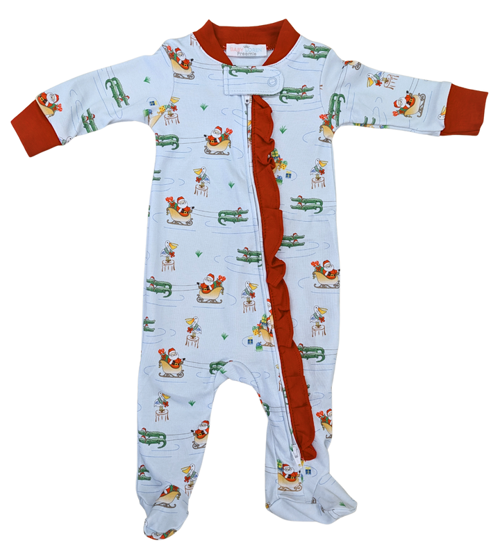 Cajun Christmas Ruffle Pima Zipper Footie