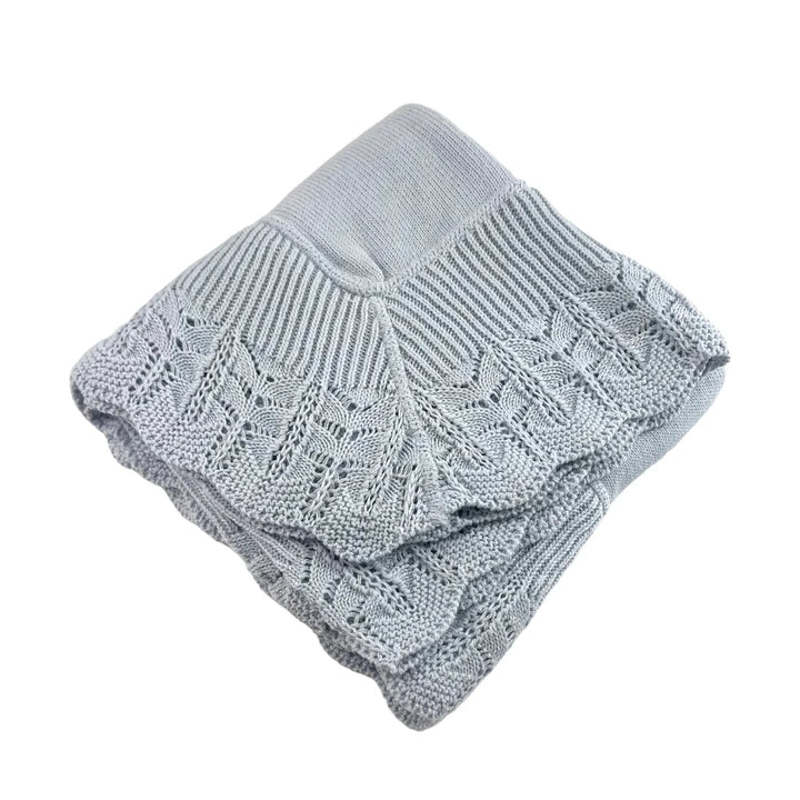 Cotton Jersey Baby Blanket w/ Knitted Scallop Lace Border - Blue