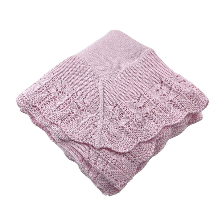 Cotton Jersey Baby Blanket w/ Knitted Scallop Lace Border - Pink