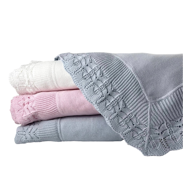 Cotton Jersey Baby Blanket w/ Knitted Scallop Lace Border - Blue