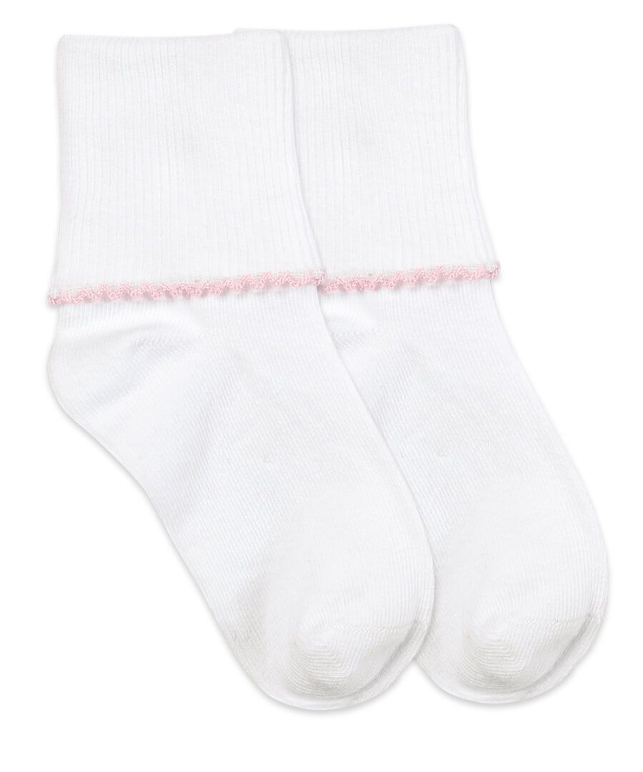 Smooth Toe Tatted Edge Turn Cuff Socks in White/Pink