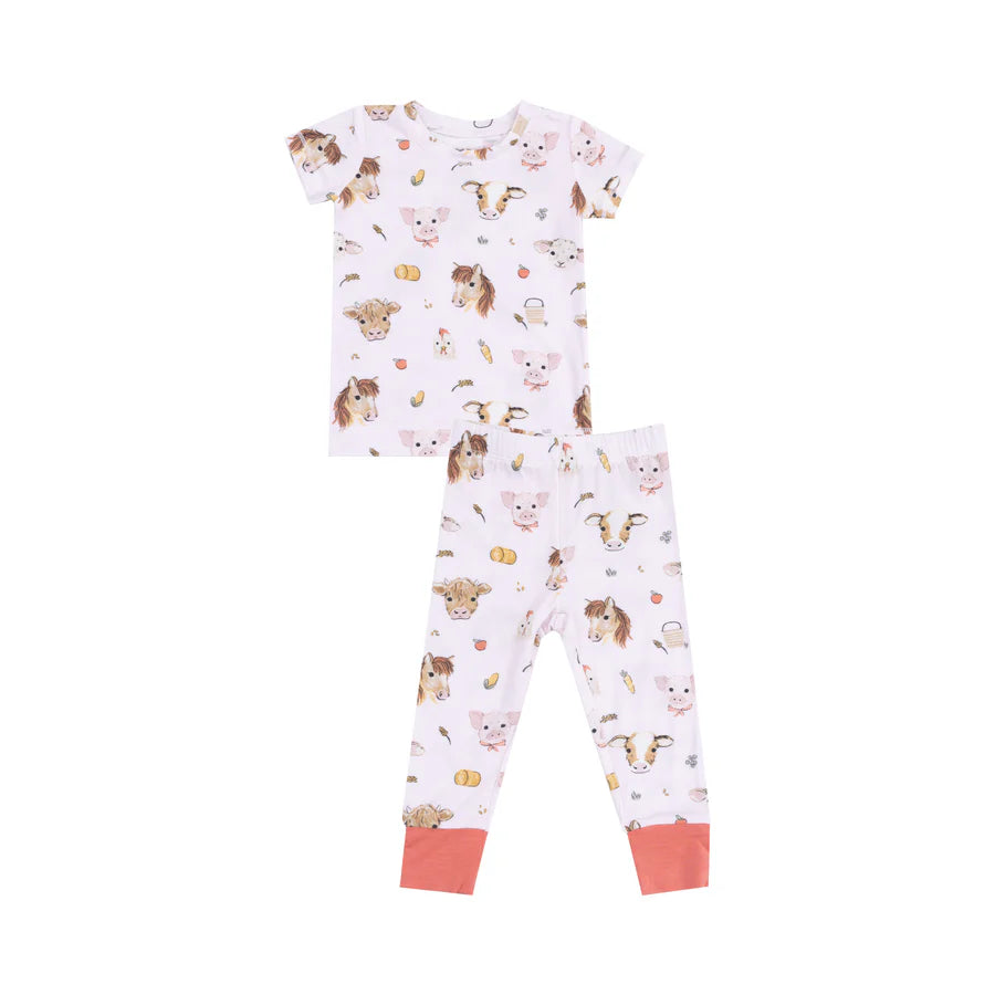 Short Sleeve Loungewear Set - Vintage Animals Faces Pink