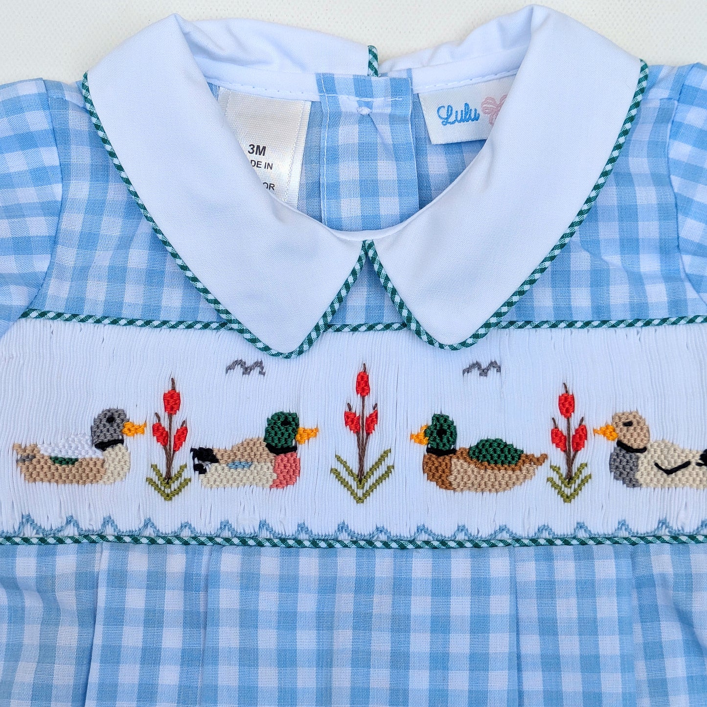 Mallard Duck Smocked Bubble w/ White Collar w/ Pintucks