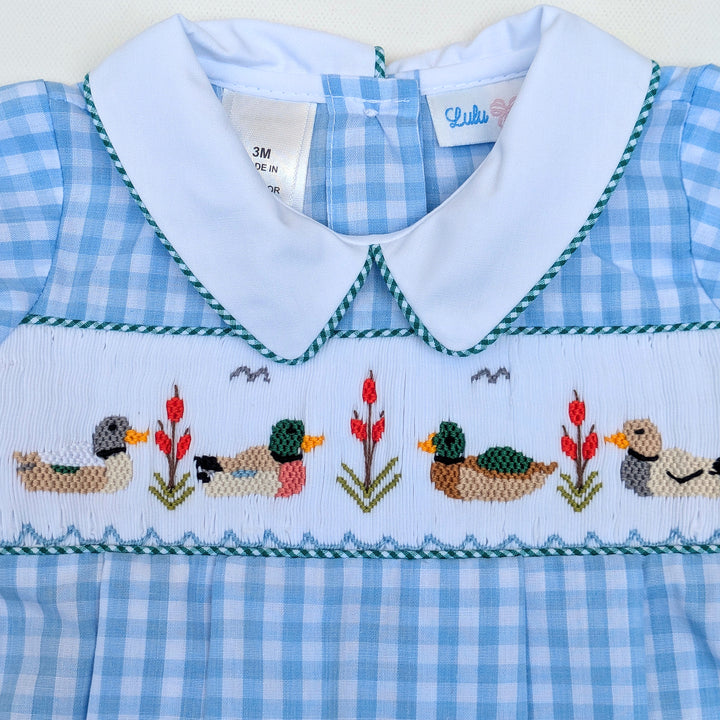 Mallard Duck Smocked Bubble w/ White Collar w/ Pintucks