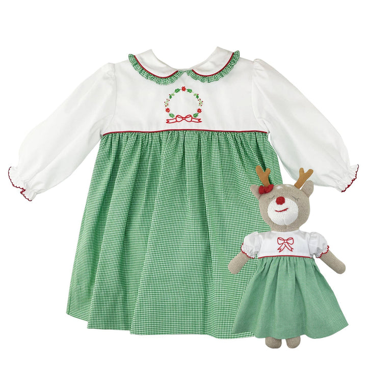 Knit Reindeer Doll with Embroidered Green Check Dress: 14"