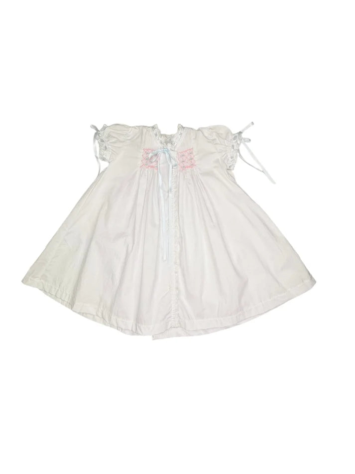 Heirloom Smocked Day Gown - White Batiste w Blue & Pink Smocking
