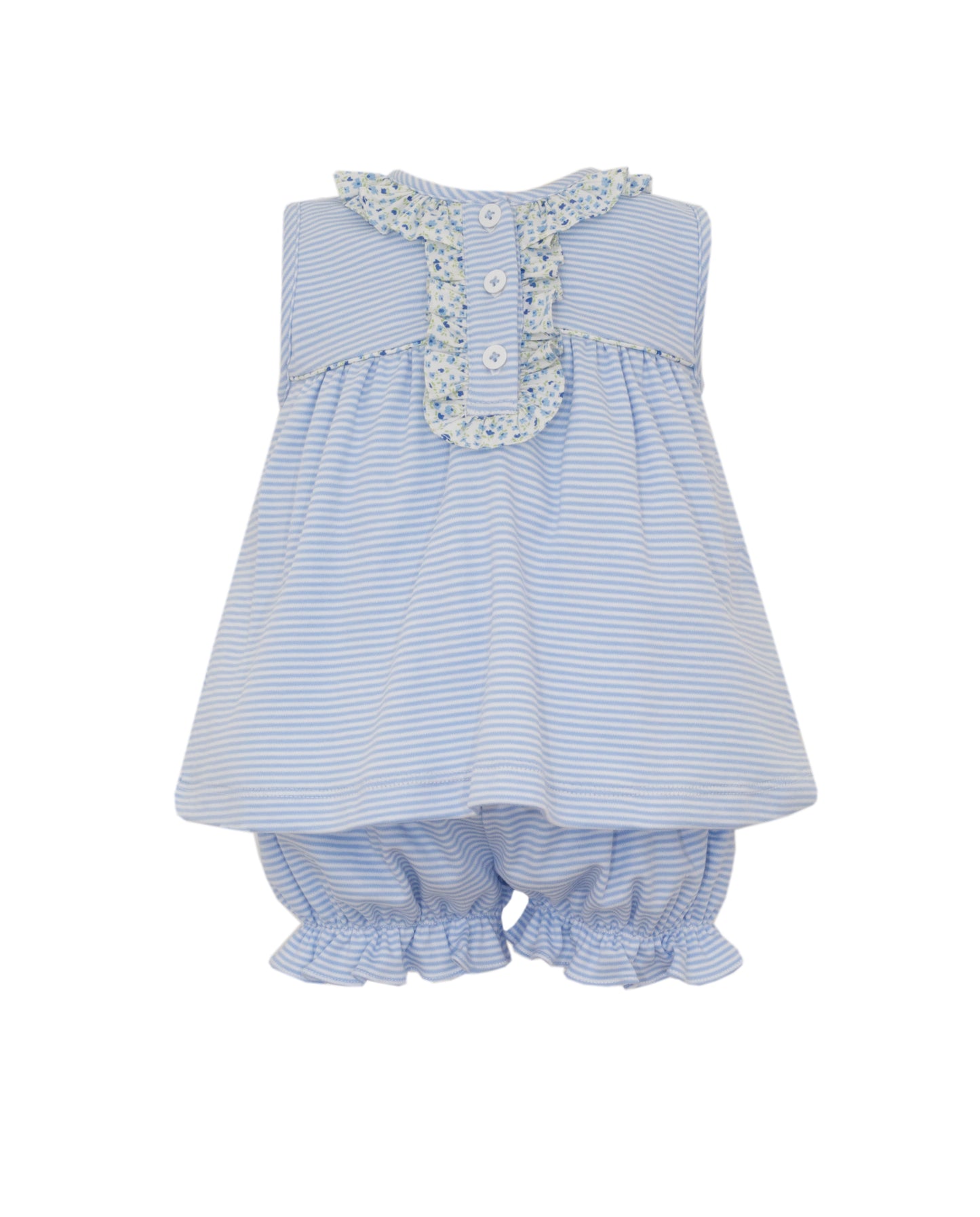 Blue Knit Stripe Sleeveless Bloomer Set w/ Blue Trim Ruffles