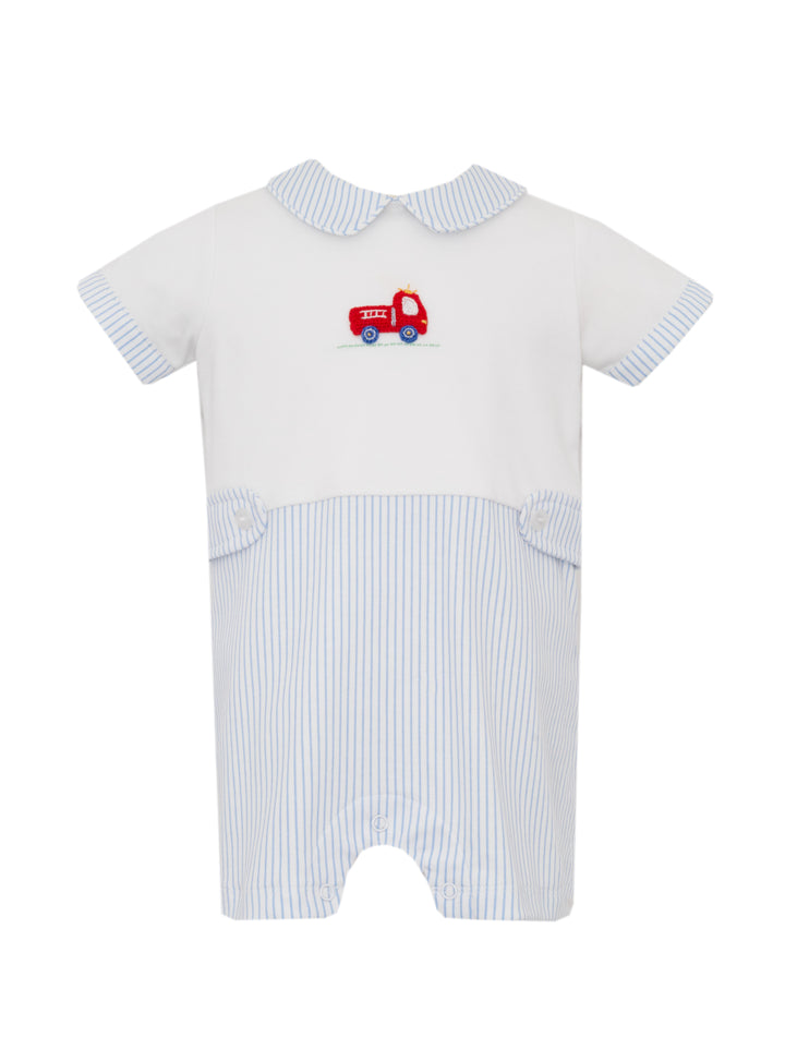 Firetruck - Light Blue Knit Stripe Boy's Romper