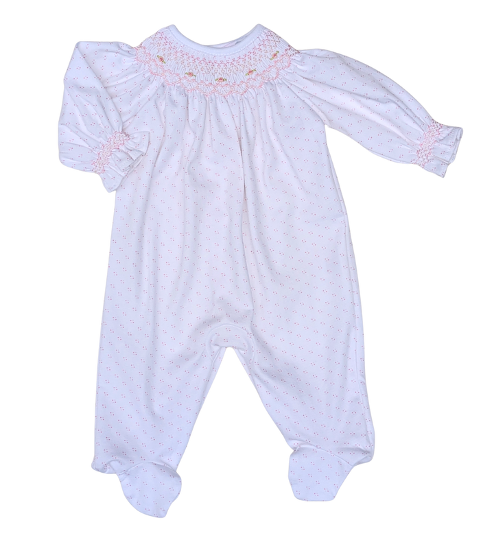 Sally Pink Dots Hand Smocked Bishop Pima Footie