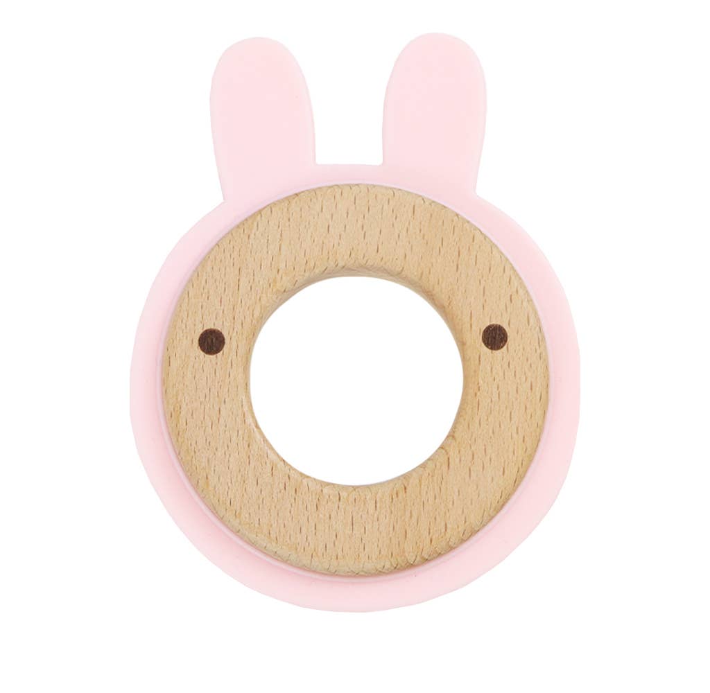 Rabbit Teethers: Wooden & Silicone Double Teether - Pink Rabbit
