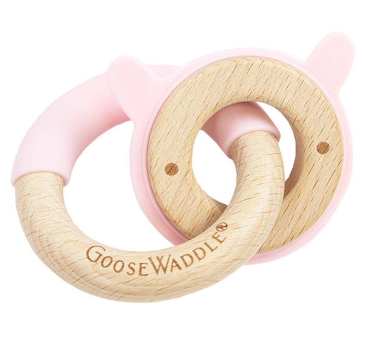 Rabbit Teethers: Wooden & Silicone Double Teether - Pink Rabbit