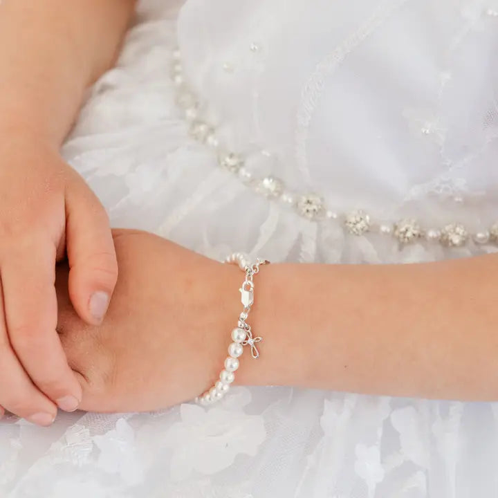 Girls Silver Pearl Baby Baptism Bracelet, 1st Communion Gift - Lacey