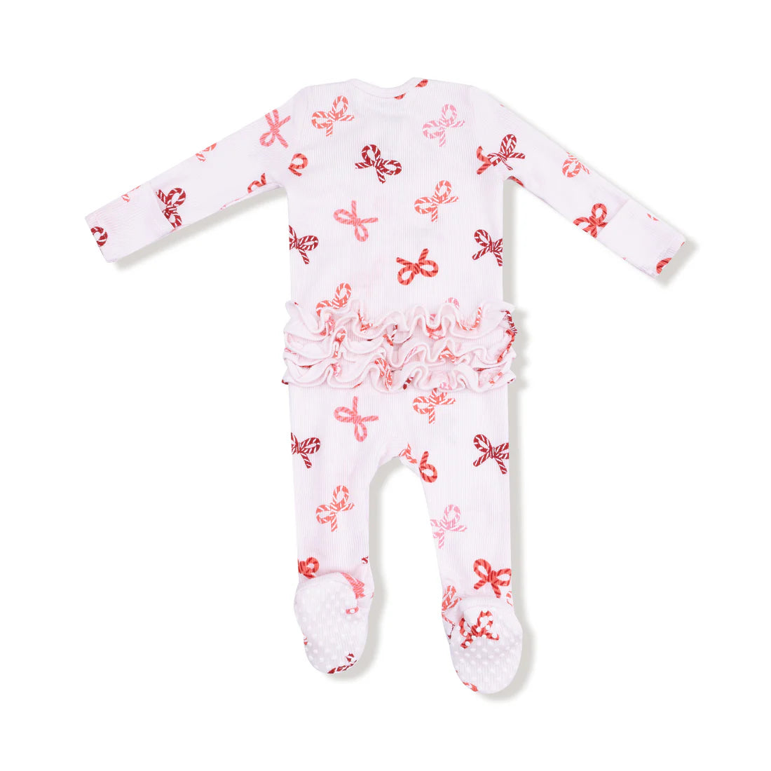 Candy Cane Bows - 2 Way Zipper Ruffle Back Footie