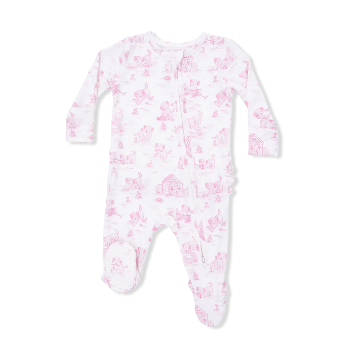 Puppy Toile Pink Ruffle- 2 Way Zipper Footie