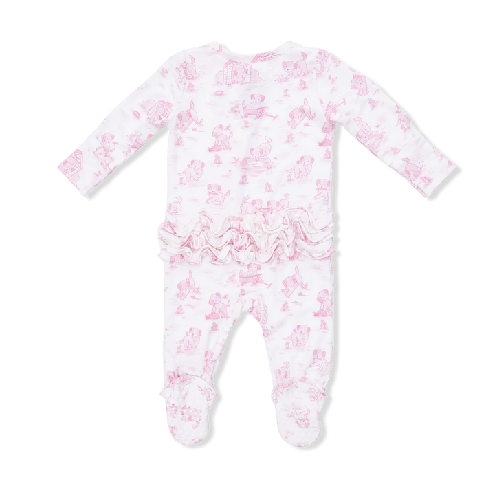 Puppy Toile Pink Ruffle- 2 Way Zipper Footie
