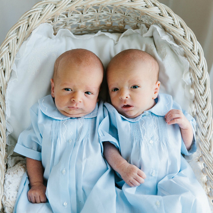 Boys Embroidered Collar Folded Daygown - Blue