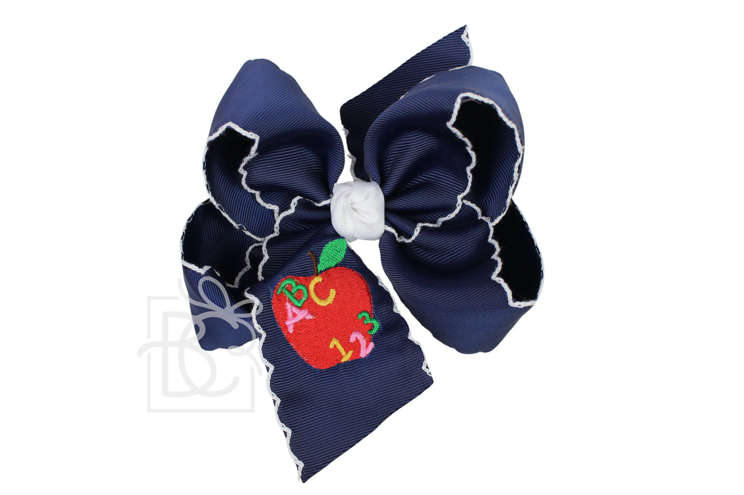 Embroidered Apple 'ABC 123' on Crochet Edge Bow
