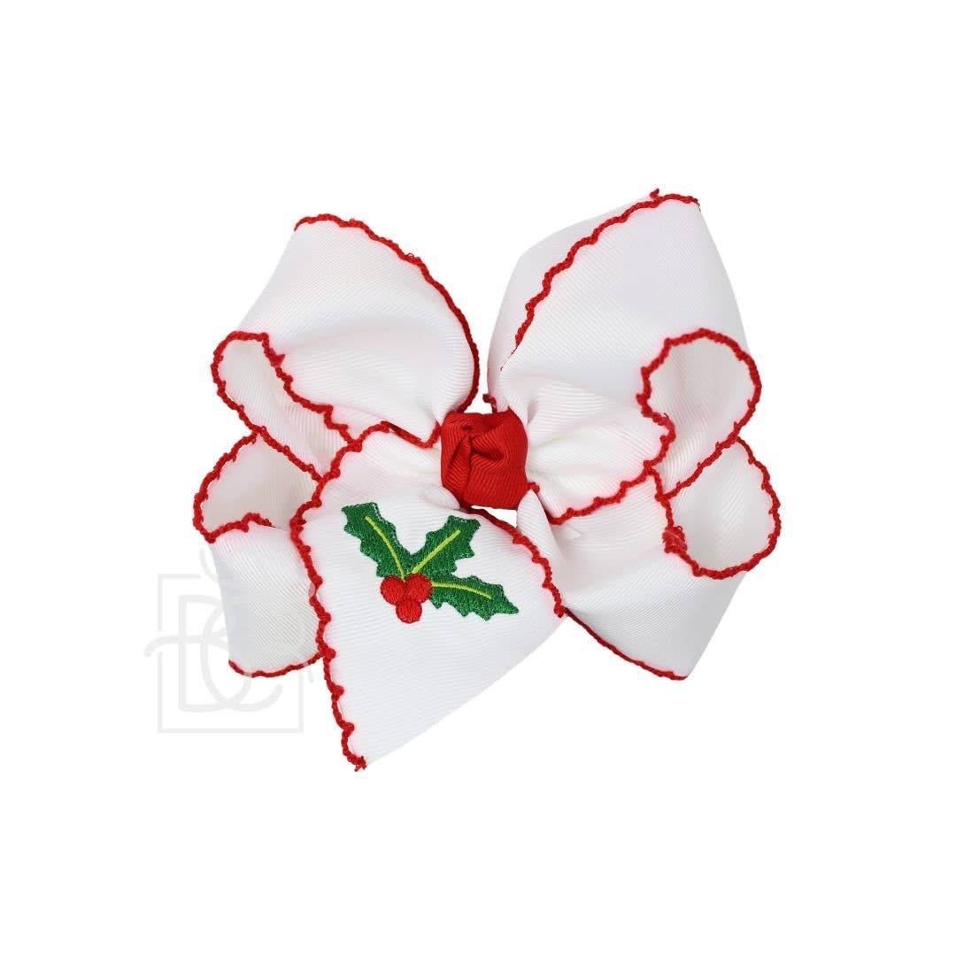 Embroidered Holly Crochet Edge Bow: White w/ Red Crochet Edge / 4.5" Large