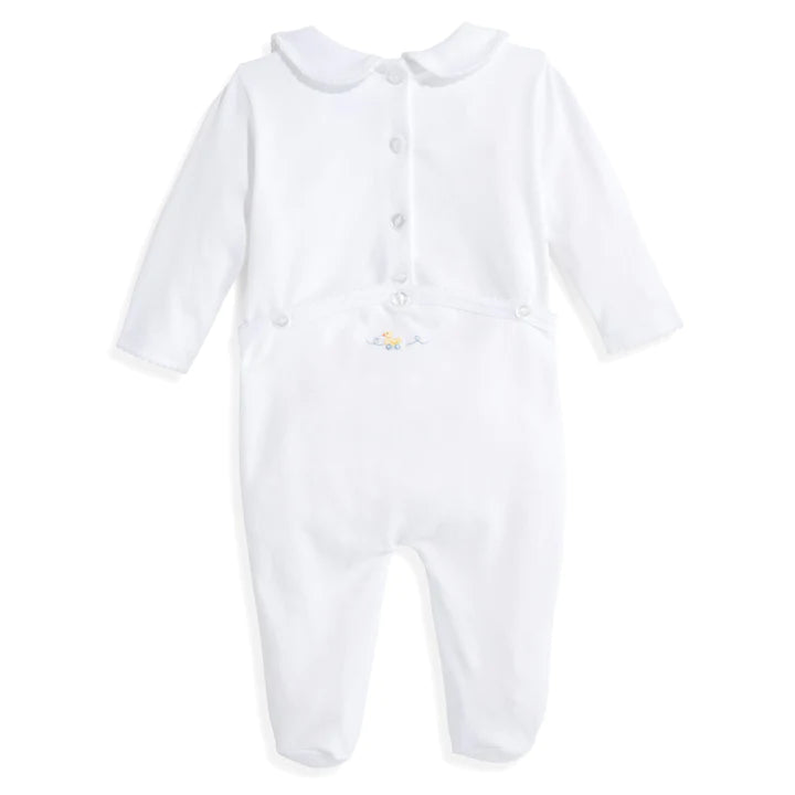 Embroidered Collared Pima Footie- White w/ Ducks