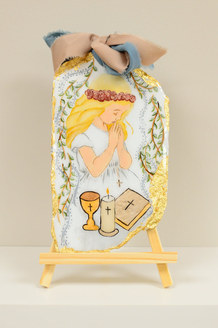 5.5" x 9.5" Girl First Communion on Slate - Blonde