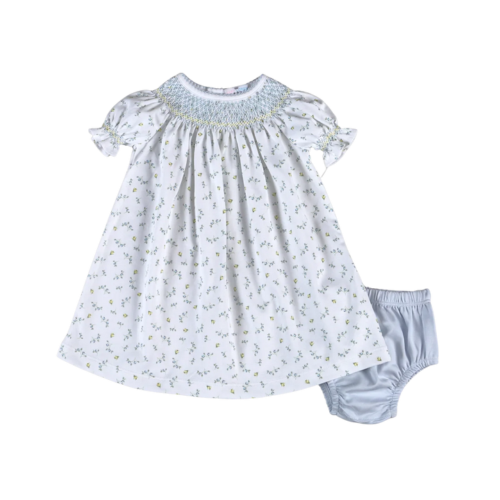 Mia Blue Floral Pima Hand Smocked Bishop Dress