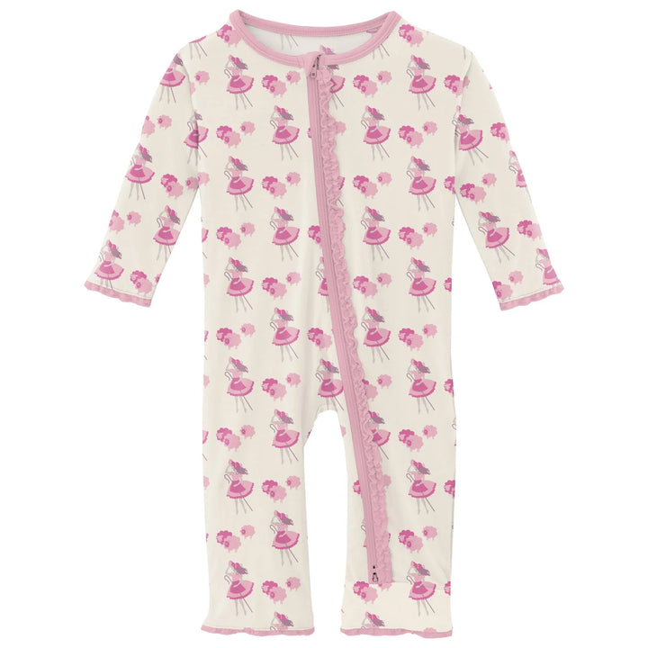 Print Muffin Ruffle Coverall with 2 Way Zipper in Natural Little Bo Peep