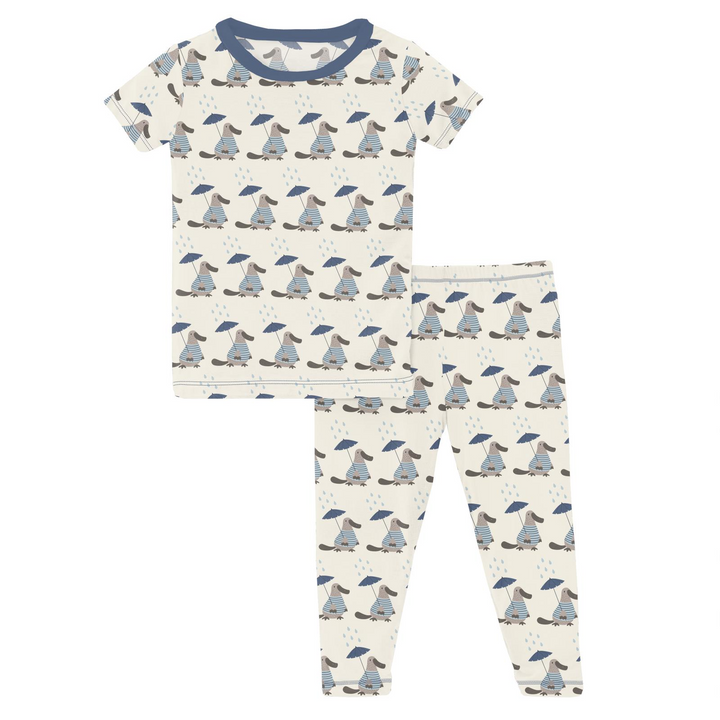 Print Short Sleeve Pajama Set in Natural Rainy Day Platypus