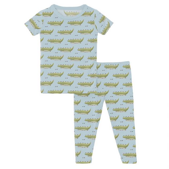 Print Short Sleeve Pajama Set in Spring Sky Croc & Friends