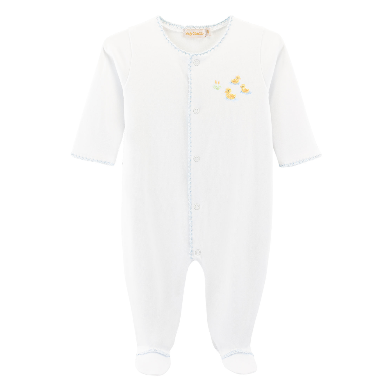 Three Little Ducks Embroidered Footie with Crochet Trim