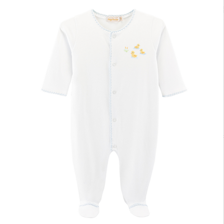 Three Little Ducks Embroidered Footie with Crochet Trim