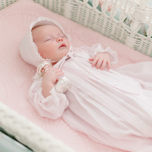 Girls Pintuck & Lace Take Me Home Gown with Bonnet