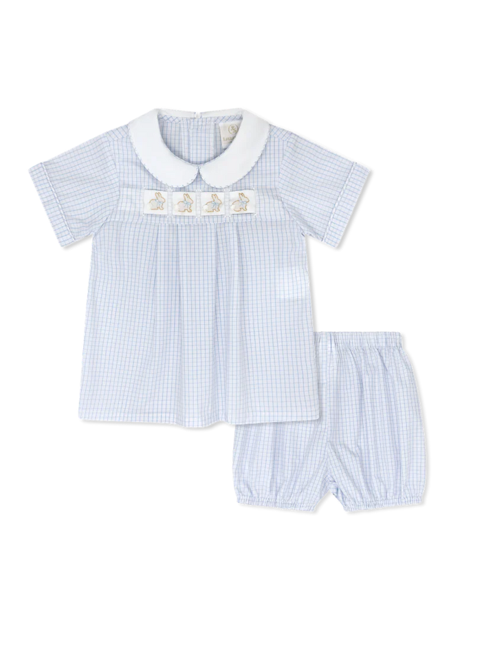 Noah Ribbon Bloomer Set - Classic Blue Windowpane - Heart, Bunny, Train