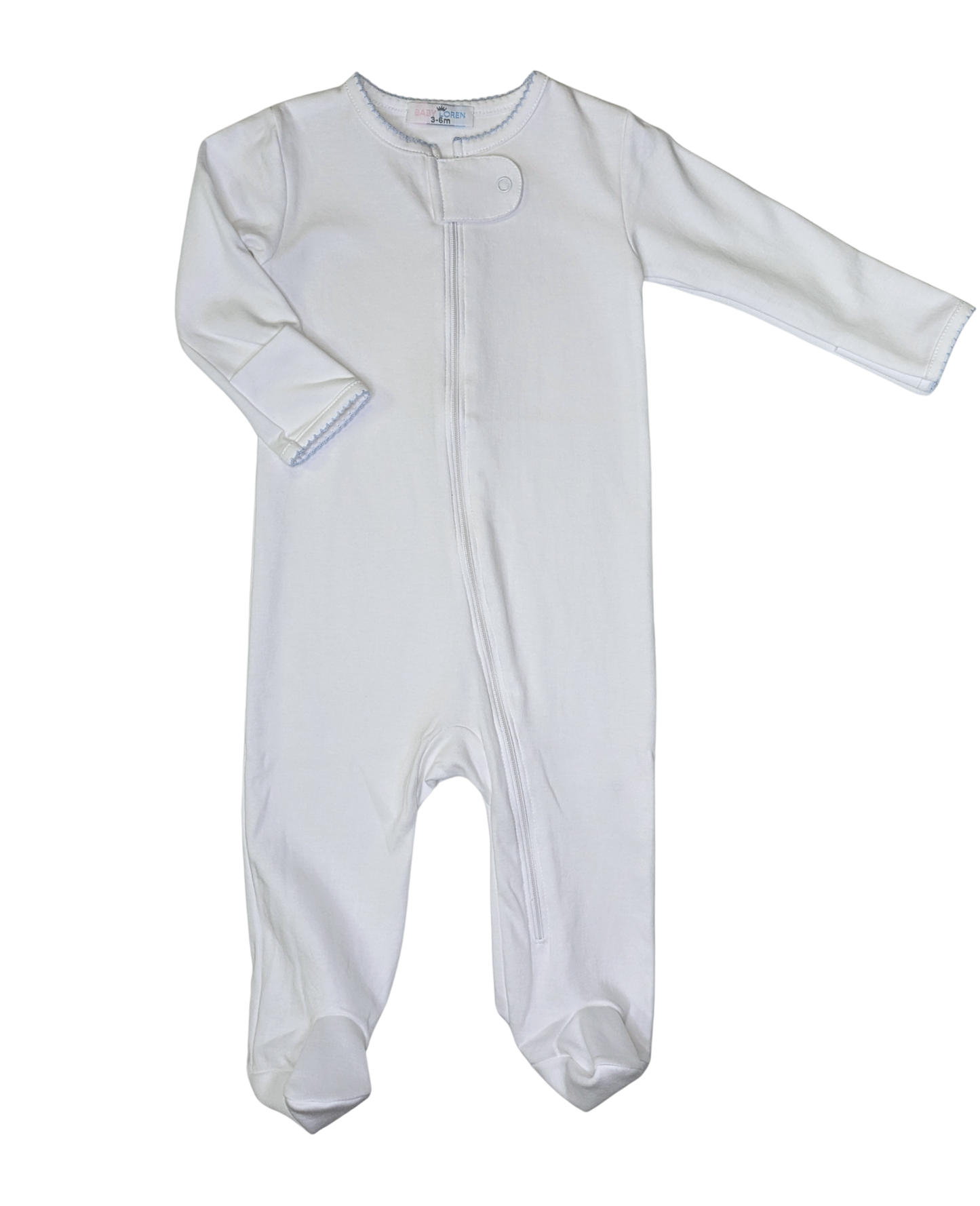 White Pima Zipper Footie-Blue Picot Trim
