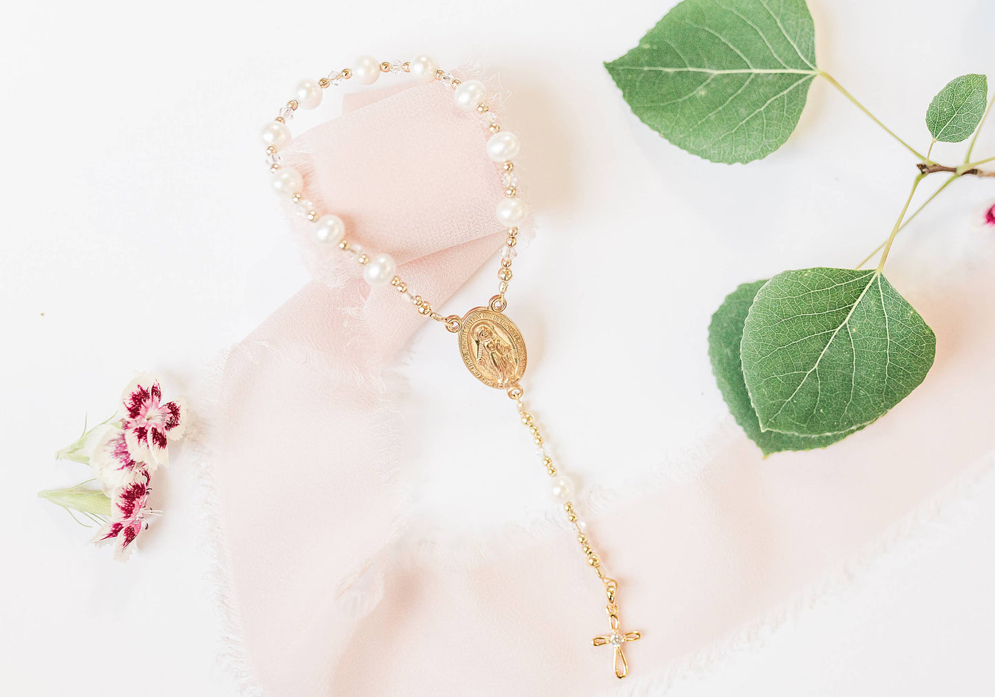 Gold-Plated Sterling Silver White Baby Rosary Baptism Gift