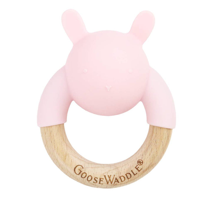 Rabbit Teethers: Wooden & Silicone Double Teether - Pink Rabbit
