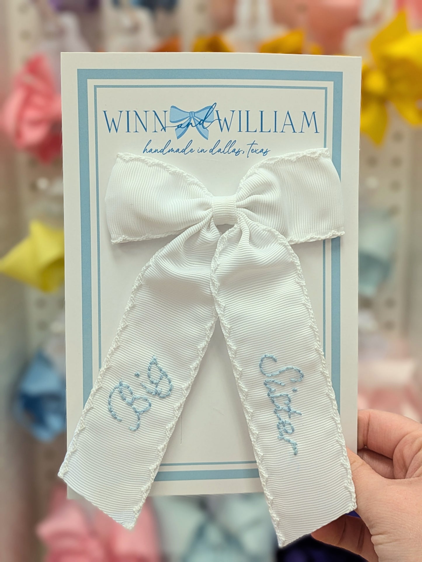 Medium White Moonstitch Big Sister Blue Bow