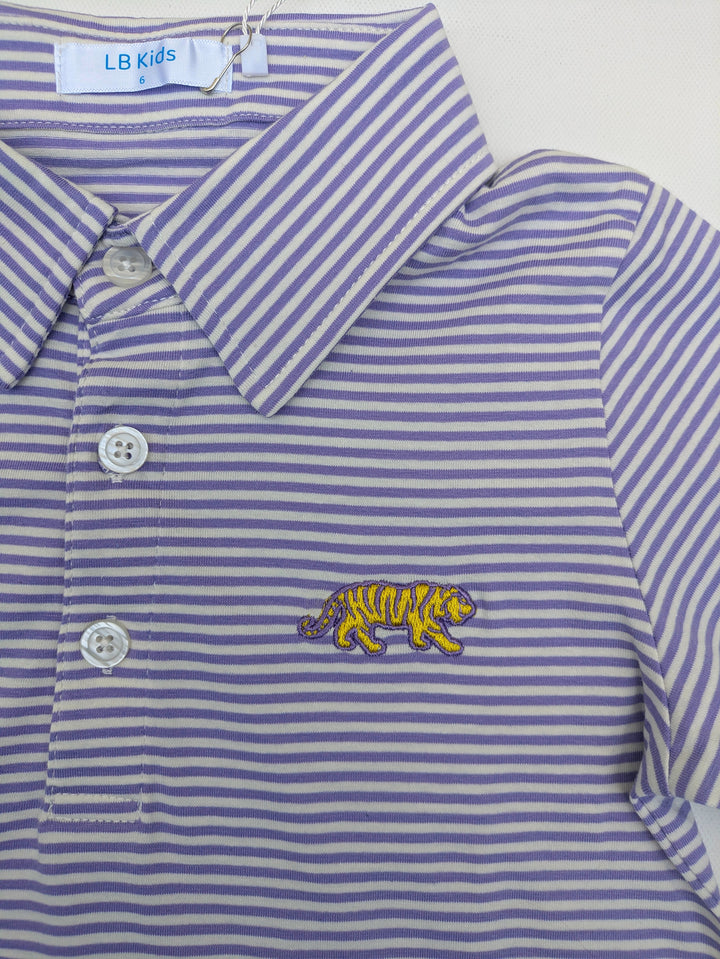 Purple Stripe Tiger Embroidery Short Sleeve Polo