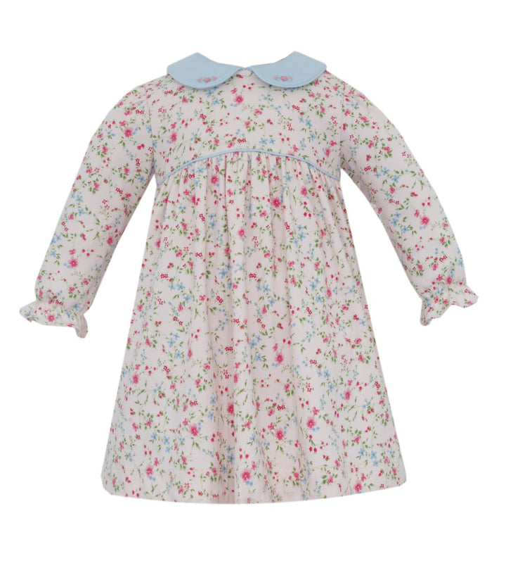 Pink Floral Knit Dress w/ Light Blue Collar Long Sleeve