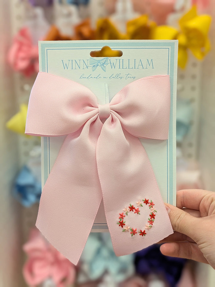 Large Pale Pink Bow with Floral Heart Emb