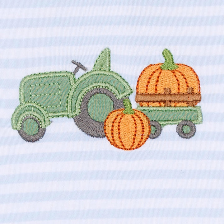 Pumpkin Tractor Applique Long Pajamas - Light Blue