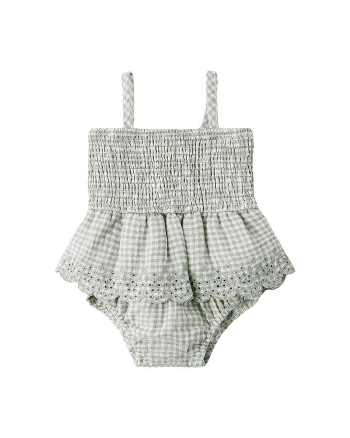 Smocked Skirted Romper Sage Gingham