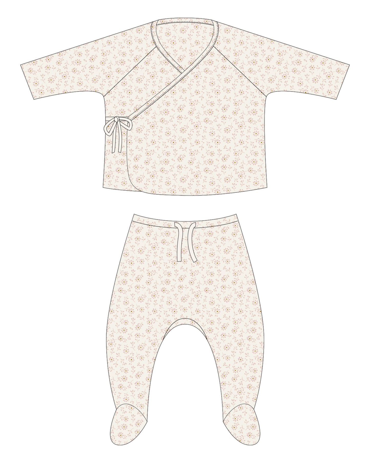 Wrap Top + Footed Pant Set - Ditsy