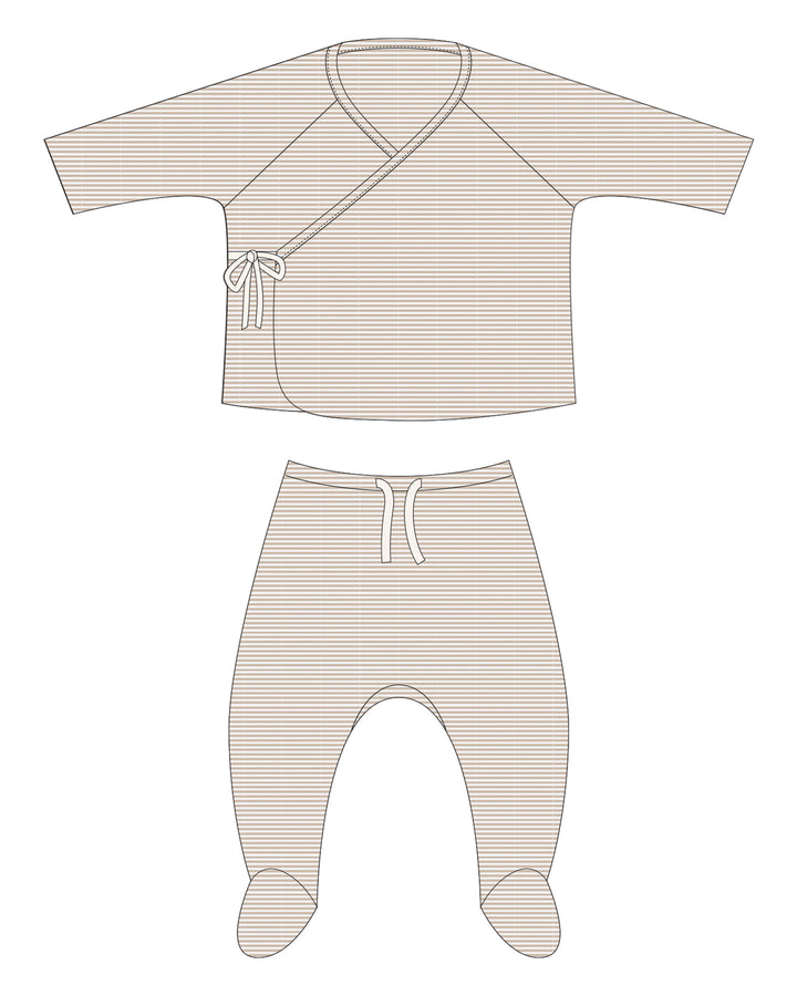 Wrap Top + Footed Pant Set - Oat Micro Stripe